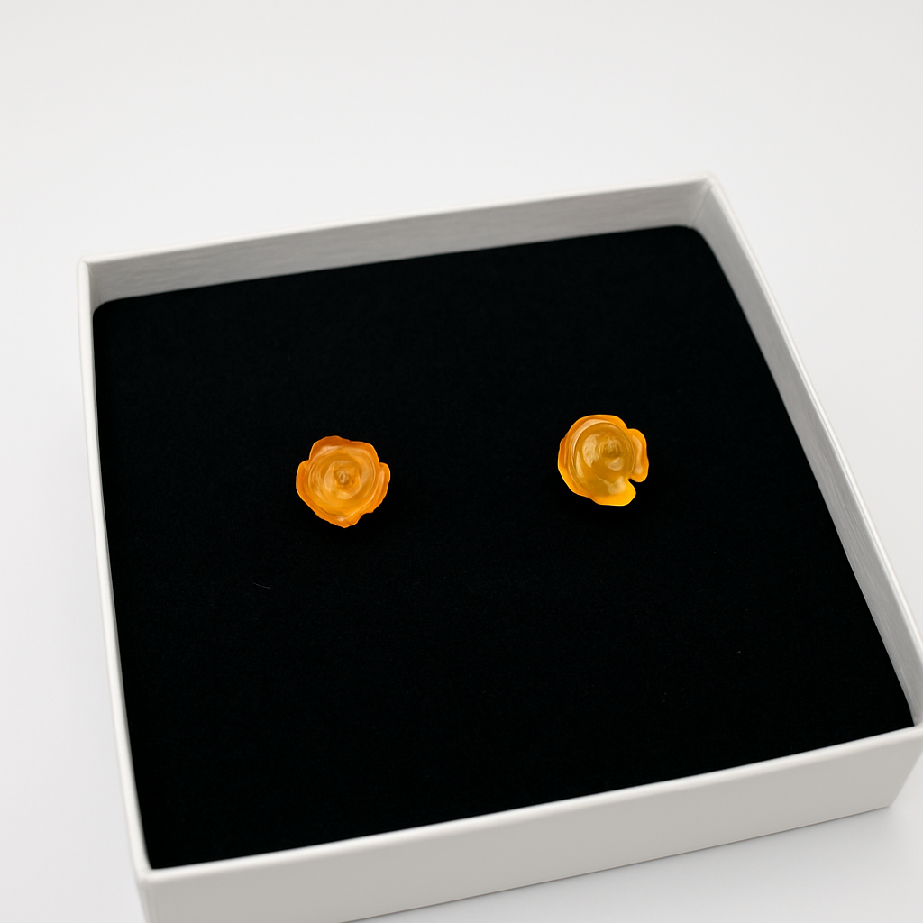 Brinco de Âmbar Báltico – Flor Rosa Mel claro