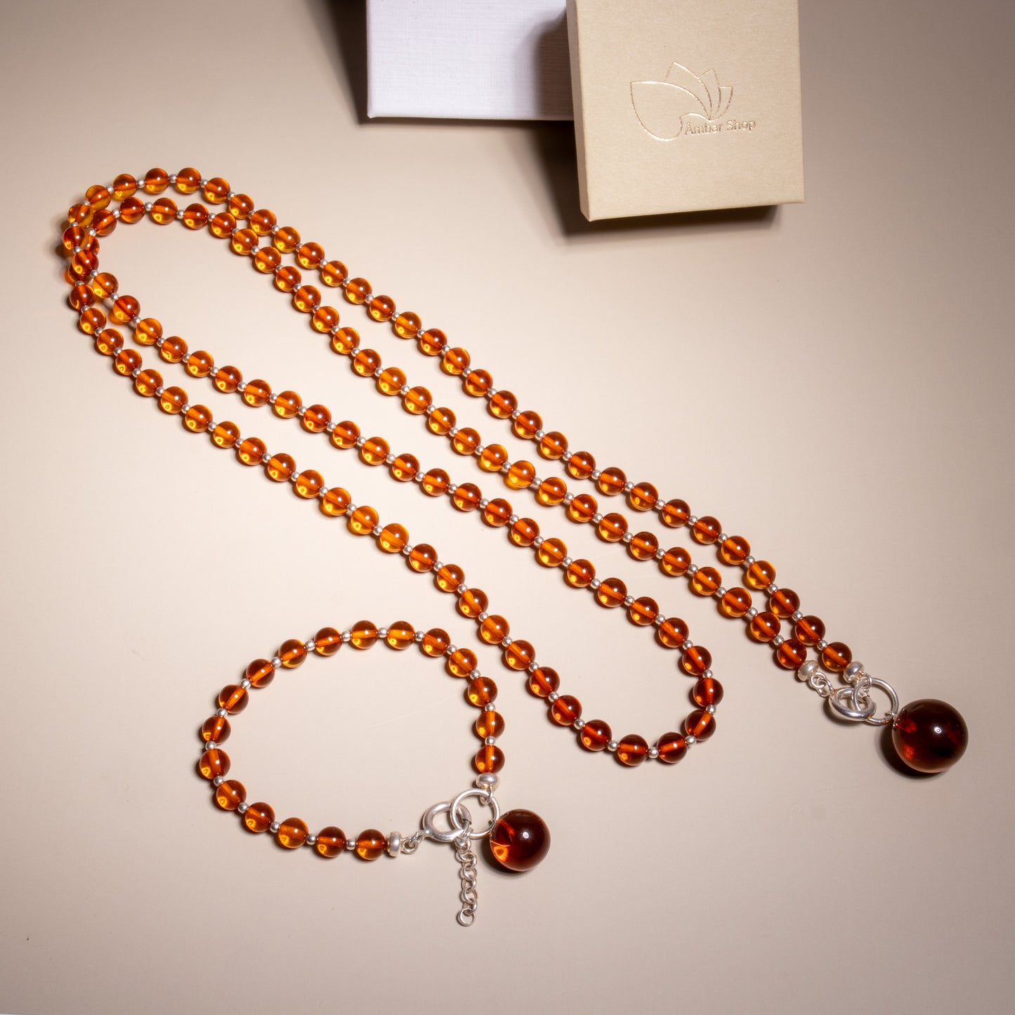 Conjunto de Âmbar Báltico Cognac com Prata 925 – Colar 70 cm + Pulseira Ajustável