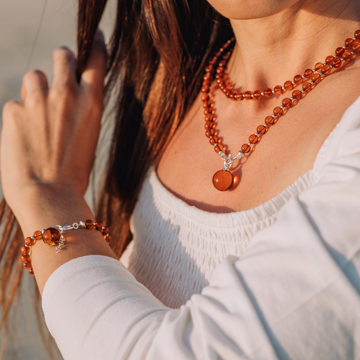 Conjunto de Âmbar Báltico Cognac com Prata 925 – Colar 70 cm + Pulseira Ajustável