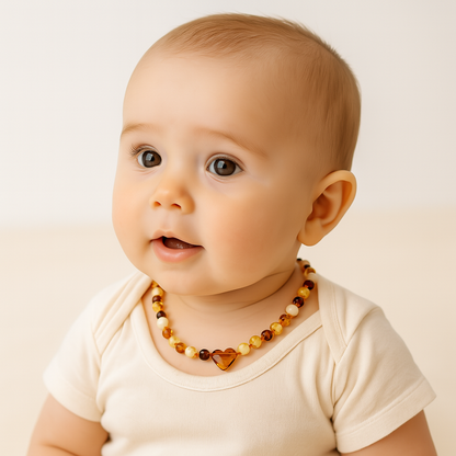 Light Honey Baby Baltic Amber Necklace with heart 32-33 cm 