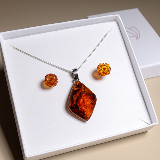 Conjunto Abundância de Âmbar – Colar, Brincos e Pulseira