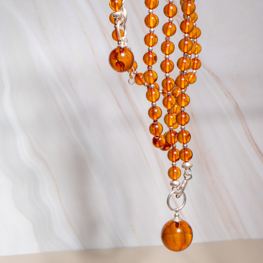 Conjunto de Âmbar Báltico Cognac com Prata 925 – Colar 70 cm + Pulseira Ajustável