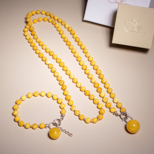 Conjunto de Âmbar Báltico Milky com Prata 925 – Colar 70 cm + Pulseira Ajustável