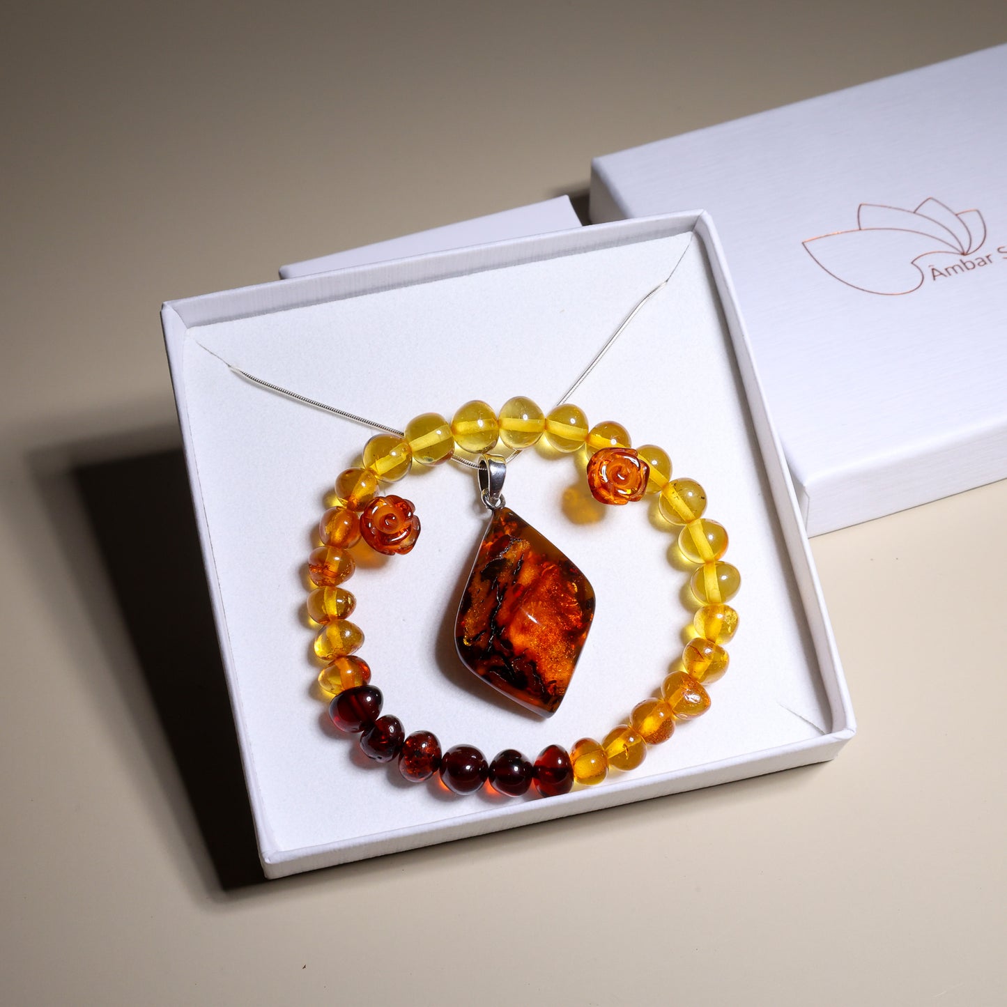 Conjunto Abundância de Âmbar – Colar, Brincos e Pulseira