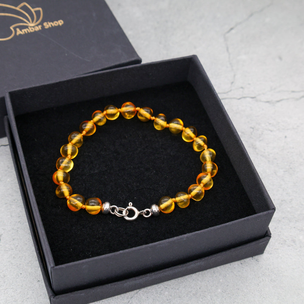 Pulseira de Âmbar Báltico Mel Claro 18 cm com fecho de prata