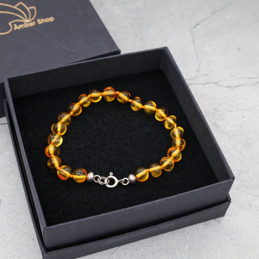 Pulseira de Âmbar Báltico Mel Claro 18 cm com fecho de prata