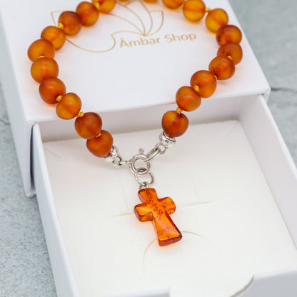 Pulseira de Âmbar Báltico Mel escuro não polido 18 cm com pingente CRUZ