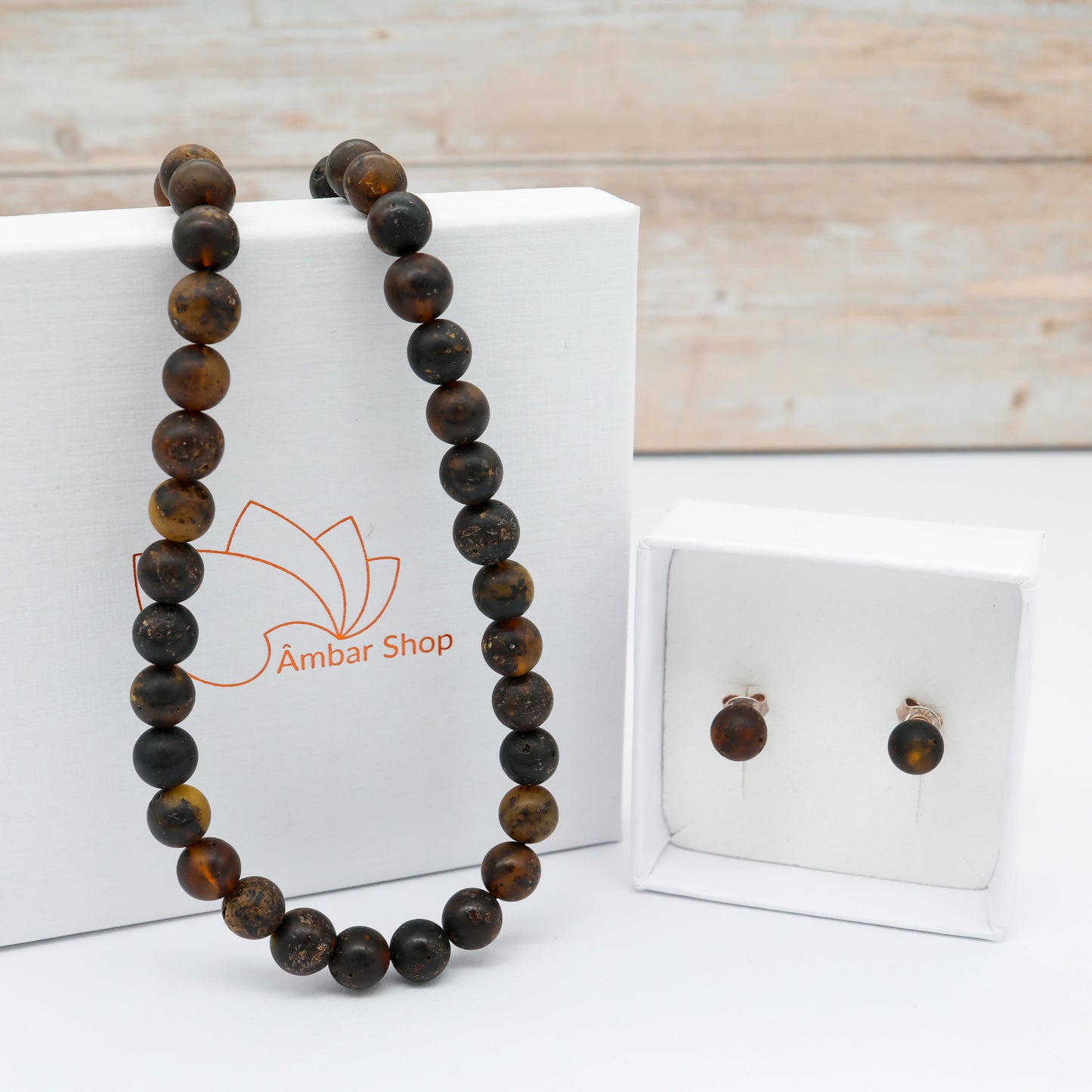 Conjunto Âmbar Verde Escuro Não Polido Round Classico – Colar 45 cm + Brincos Prata