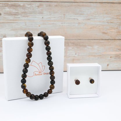 Conjunto Âmbar Verde Escuro Não Polido Round Classico – Colar 45 cm + Brincos Prata