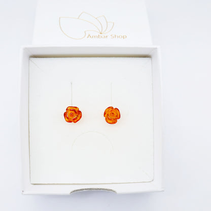 Brinco de Âmbar Báltico – Flor Rosa Mel escuro