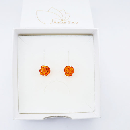 Brinco de Âmbar Báltico – Flor Rosa Mel escuro