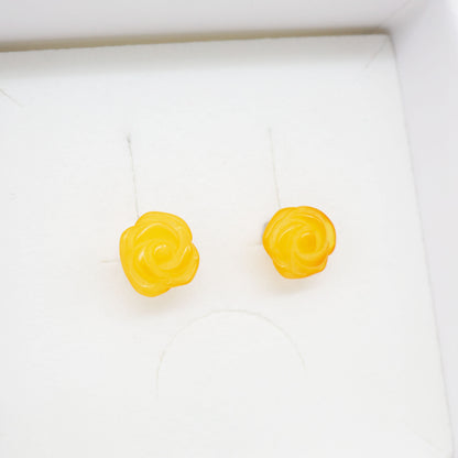 Brinco de Âmbar Báltico – Flor Rosa Milky