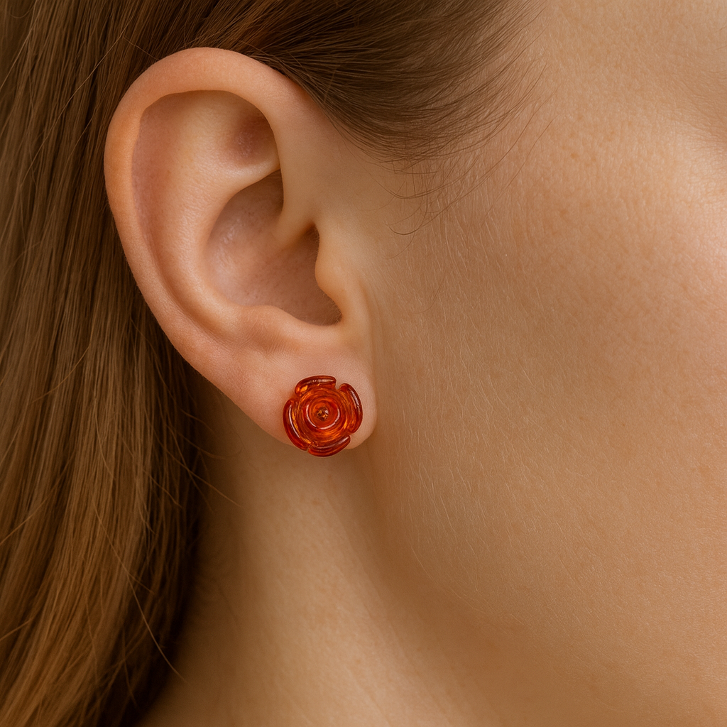 Brinco de Âmbar Báltico – Flor Rosa Mel escuro