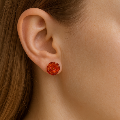 Brinco de Âmbar Báltico – Flor Rosa Mel escuro