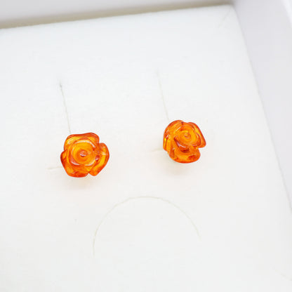 Brinco de Âmbar Báltico – Flor Rosa Mel escuro