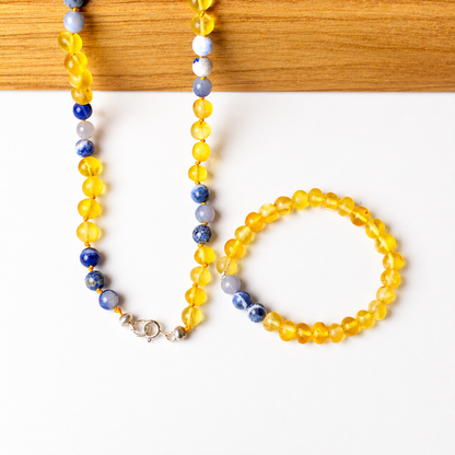 Conjunto Aura Azul | Colar com  Pulseira em Âmbar Natural