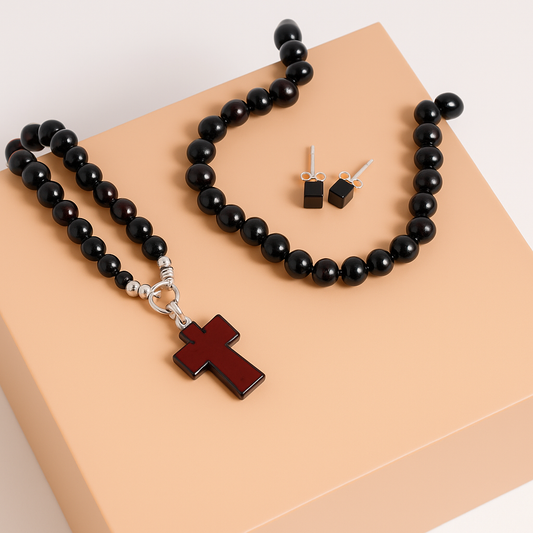 Conjunto Cruz de Âmbar – Colar, Pulseira e Brincos