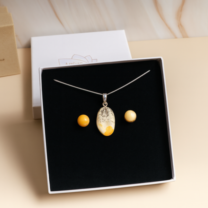 Conjunto Terra e Sol – Colar e Brincos em Âmbar Báltico