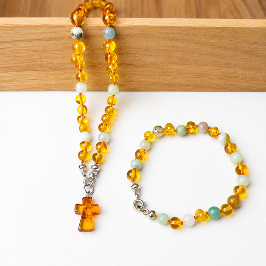 Conjunto Proteção Divina | Colar com Cruz e Pulseira em Âmbar Natural